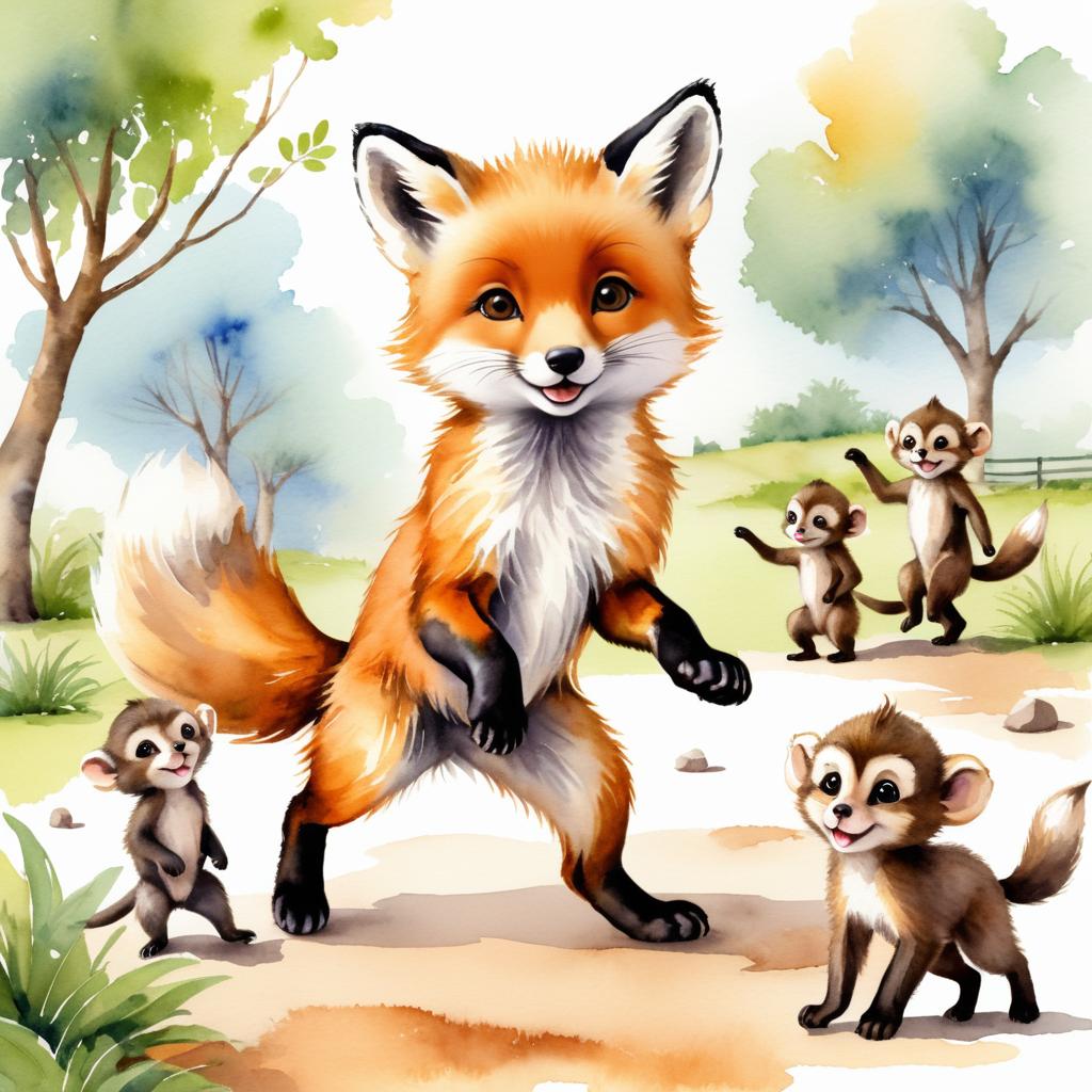 Whimsical Fox Cub and Toddler Monkeys