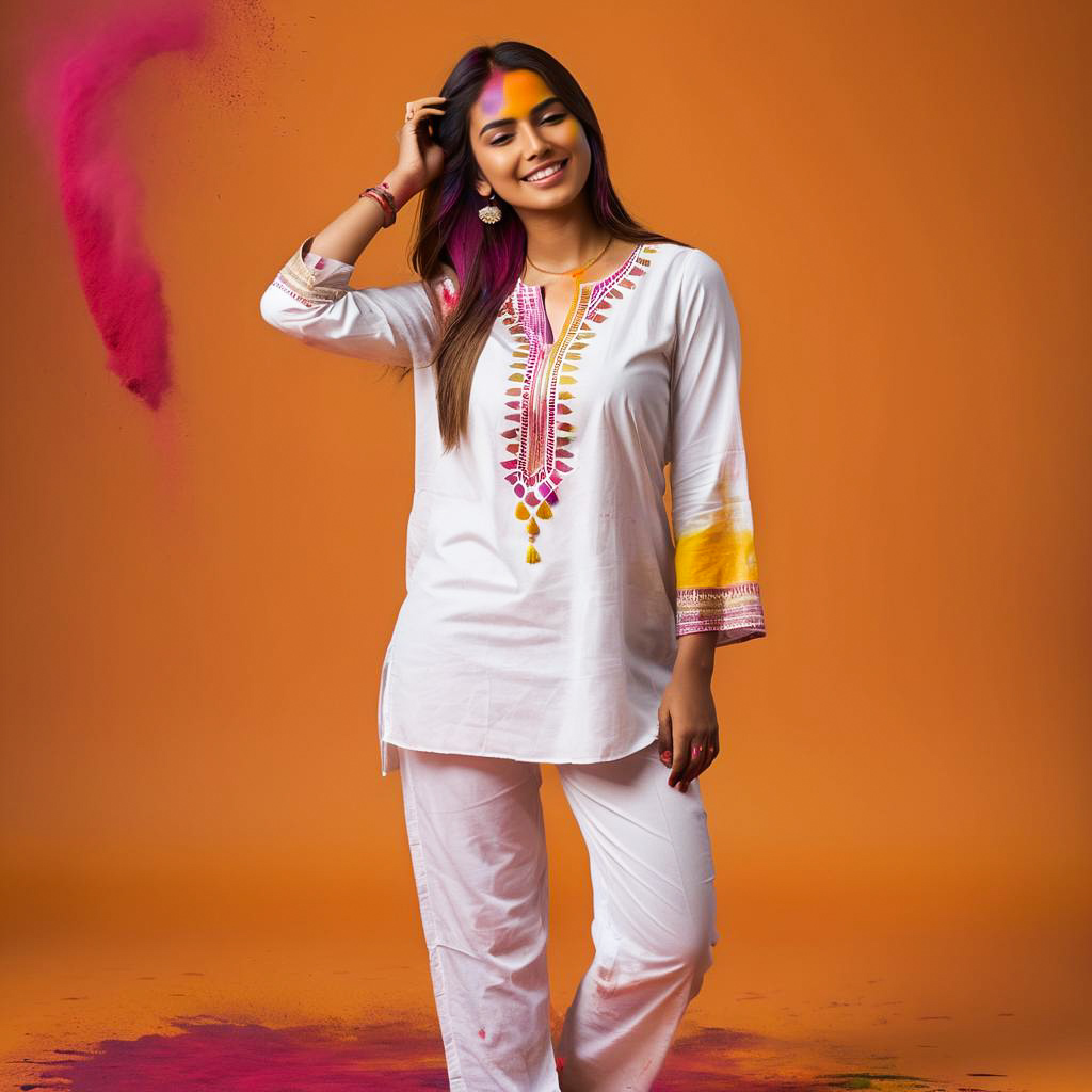 Cheerful Woman Celebrating Holi in Colors