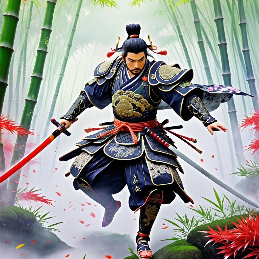 Fierce Samurai in Enchanted Bamboo Forest