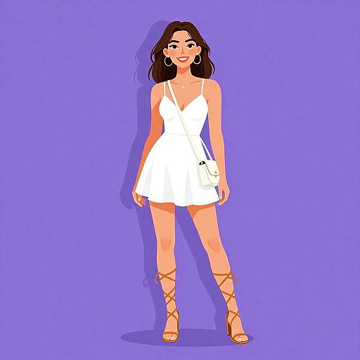 Digital illustration of a smiling woman with long brown hair, wearing a white sundress, gold sandals, and hoop earrings, standing against a purple background.