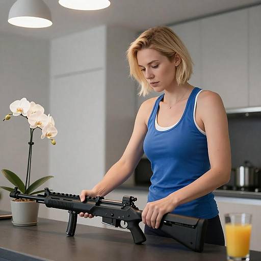 Woman Assembling Rifle in Modern Kitchen