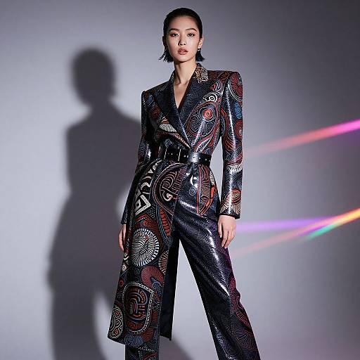 Photograph of an Asian woman with short black hair, wearing a shiny, patterned black blazer and pants, standing against a white background with colorful