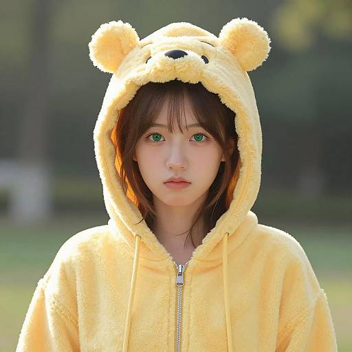 Young Woman in Yellow Winnie the Pooh Hoodie