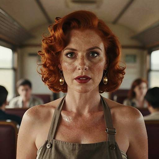 Photograph of a redheaded woman with curly hair, wearing a brown halter top and gold earrings, looking serious in a dimly lit, vintage