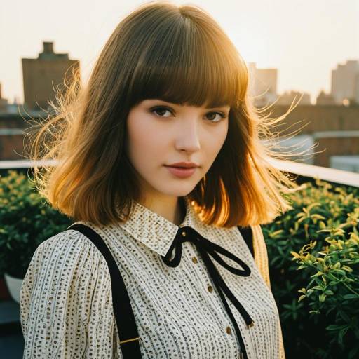 Fashion Model with Full Bangs on Rooftop Garden