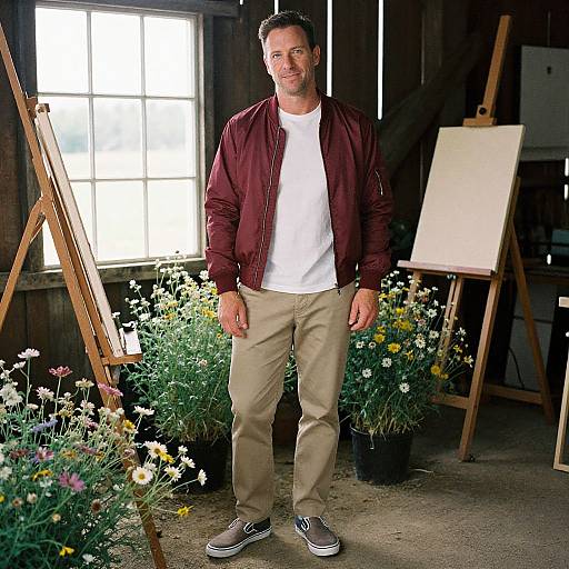 Photograph of a handsome, bearded man in a maroon jacket, white shirt, beige pants, and sneakers, standing in a sunlit flower
