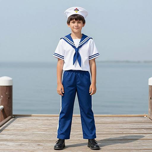 Photograph of a young boy in a white sailor uniform with blue trim, navy pants, and a matching hat, standing on a wooden pier with a