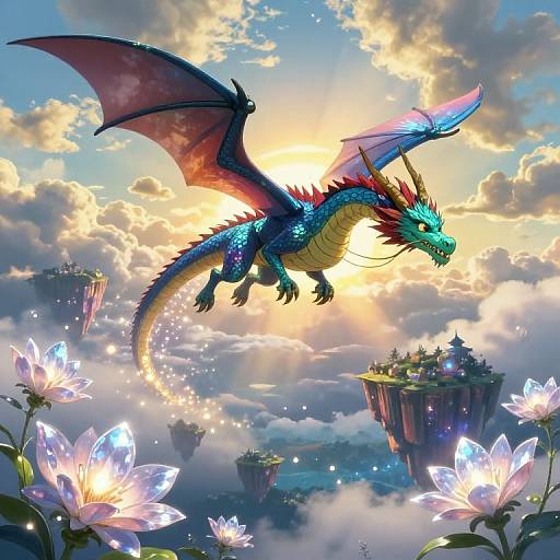 Vibrant digital painting of a blue and red dragon soaring above glowing lotus flowers, floating islands, and a radiant sunset sky.