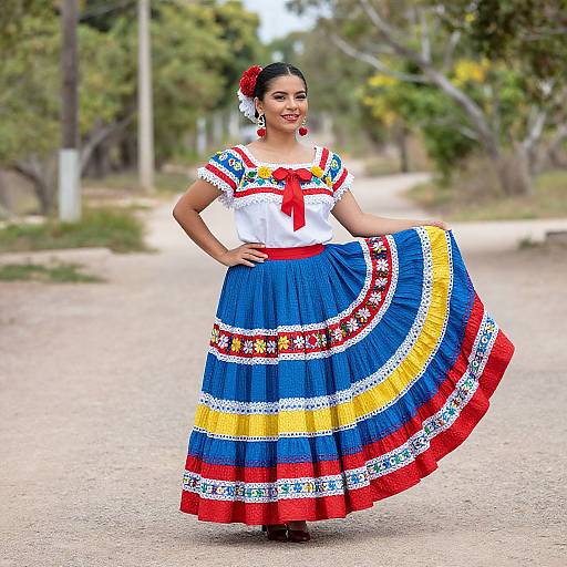 Photograph of a Latina woman in a vibrant Mexican dress with blue, yellow, red, and white stripes, standing on a dirt path surrounded by trees