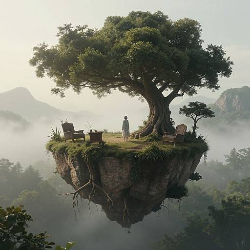 Digital art: A lone figure in white stands on a floating island with a massive tree, surrounded by misty mountains and chairs.