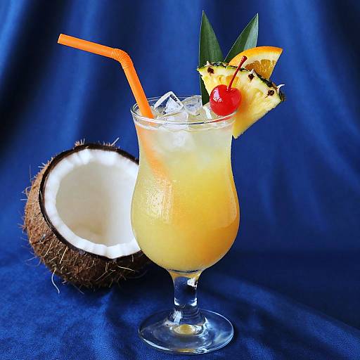 Photograph of a tropical cocktail with orange straw, pineapple slice, cherry, and lime, garnished with pineapple leaves, beside a halved coconut on