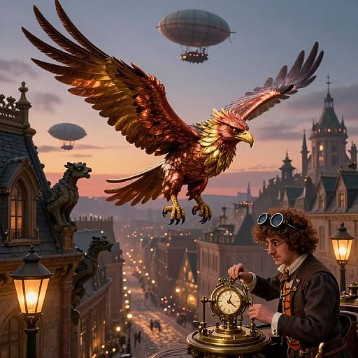 Fantasy scene: curly-haired boy with goggles adjusts clock, golden eagle mid-flight, steampunk city at dusk, hot air balloons, Gothic architecture
