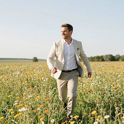 Photograph of a smiling man in a cream suit and white shirt, walking through a sunny, colorful meadow filled with wildflowers.