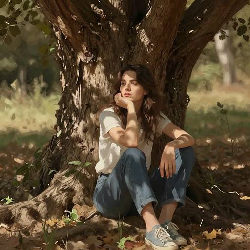 Thoughtful Girl Sitting by Ancient Tree