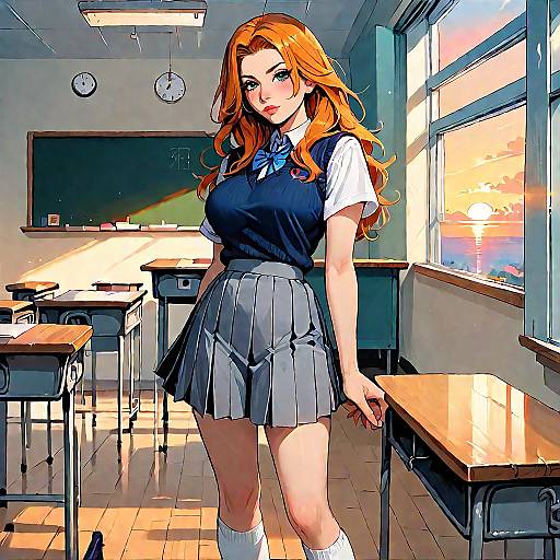 Sunset Classroom Orange-Haired Schoolgirl Portrait