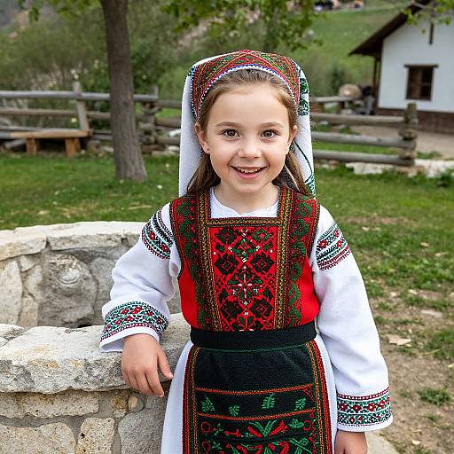 Photograph of a smiling young girl with light brown hair, wearing a traditional red and black embroidered dress and headscarf, standing in a rustic,