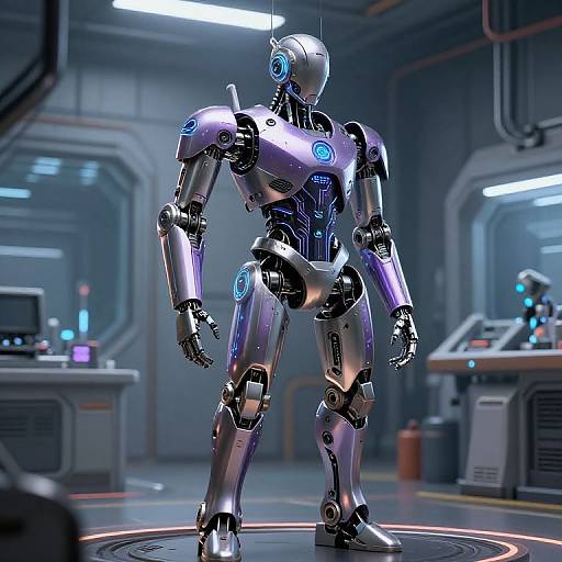 CGI image of a sleek, silver humanoid robot with blue glowing joints, standing in a futuristic, dimly-lit lab with control panels.