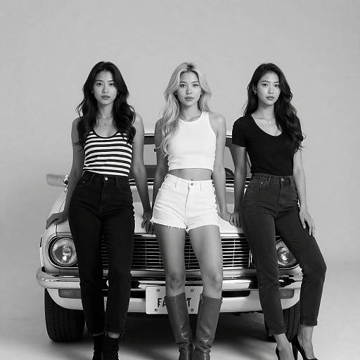 Black-and-White Trio Beside Classic Car