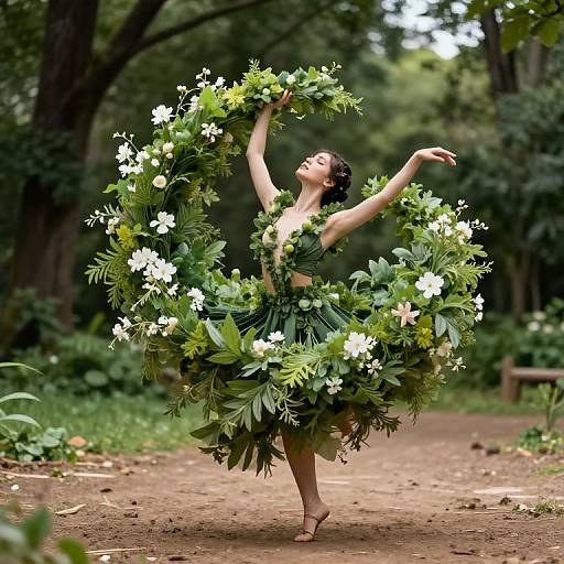 Photograph of a graceful woman in a leaf and flower hula skirt, dancing in a forest, arms raised, surrounded by a circular wreath of
