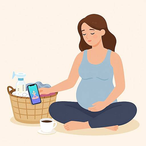 Digital illustration of a pregnant woman with brown hair, wearing a blue tank top and dark pants, sitting cross-legged, using a smartphone in a woven basket