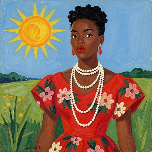 Painting of a dark-skinned woman with curly hair, red floral dress, white pearl necklaces, red earrings, standing in a sunny field with