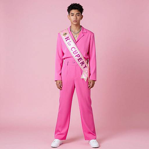 Photograph of a young Black man with short, curly hair, wearing a bright pink suit, white shoes, and a 