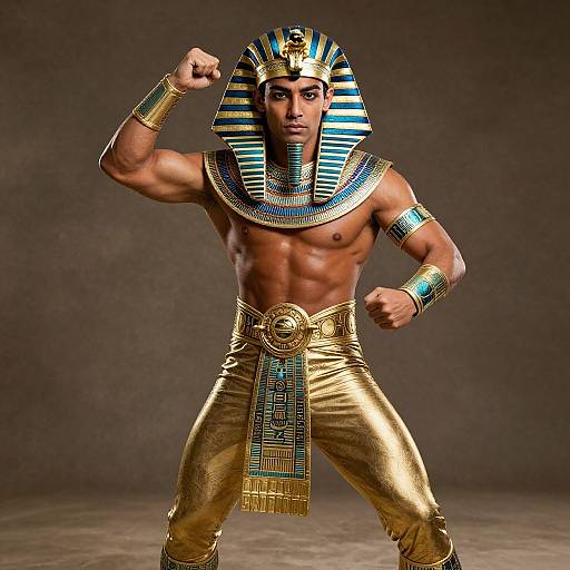 Photograph of a muscular, tan-skinned man in Egyptian cosplay, wearing a striped Nemes headdress, gold pants, blue and gold necklace,