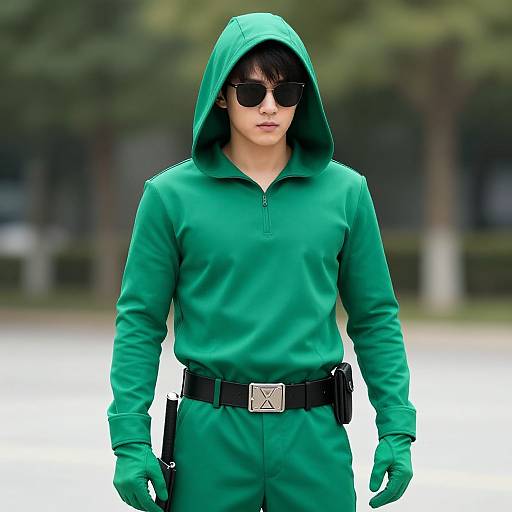 Photograph of a young man in a green hooded jumpsuit, black sunglasses, and gloves, with a black belt and gun holster, standing outdoors