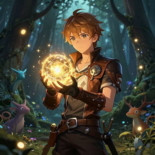Anime-style digital artwork of a brown-haired young man in a forest, holding a glowing magical orb, surrounded by enchanted creatures and glowing lights.