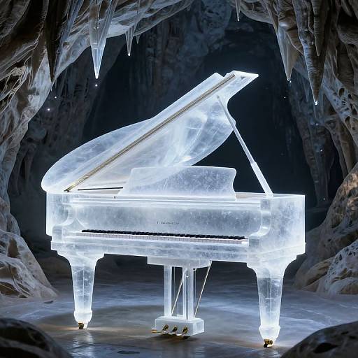 Photograph of a glowing, ice-encased grand piano in a dark, cave-like setting with icicles hanging from the rocky ceiling.