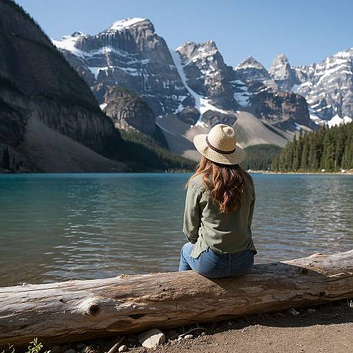 Photograph of a woman with long brown hair, green jacket, blue jeans, and straw hat, sitting on a log, facing a serene lake with