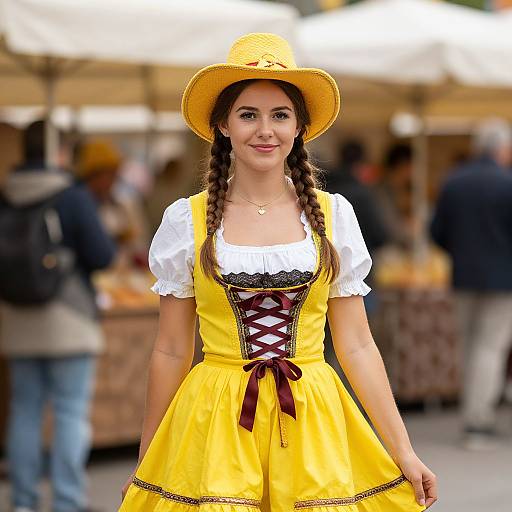 Photograph of a young woman with braided brown hair, wearing a yellow Bavarian dress, white puffed sleeves, maroon corset, and