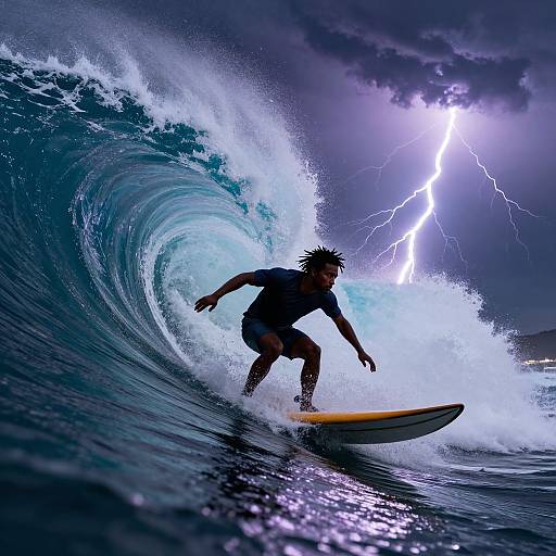 Photograph of a surfer riding an electrifying, lightning-lit blue wave; the surfer, in a black wetsuit, crou