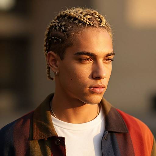 Photograph of a young man with light brown skin, braided blonde hair, wearing a white shirt and red-brown jacket, illuminated by warm sunlight