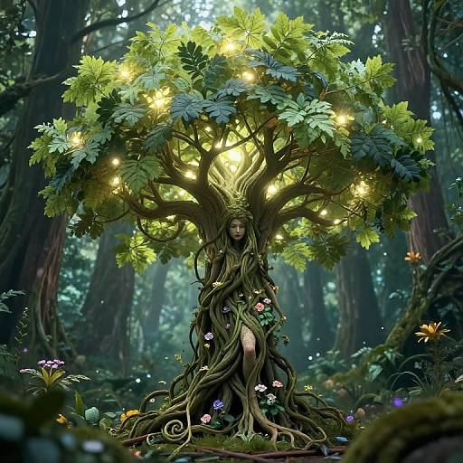 Digital fantasy art: Enchanted tree with glowing leaves, intertwined roots, and a mystical, ethereal woman blending into the trunk, surrounded by forest