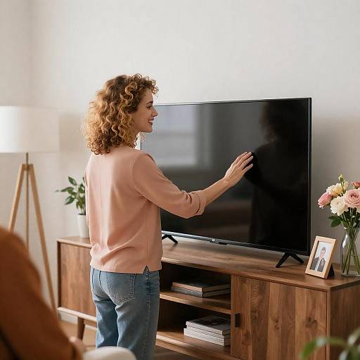 Cheerful Woman Interacting with TV