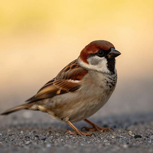 Photograph of a small brown and black house sparrow with white throat stripes, standing on a gravel path against a blurred yellow-orange sunset background.