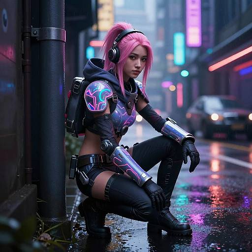 Cyberpunk-style photograph of a pink-haired woman in neon armor, crouching on a wet, neon-lit city street at night.