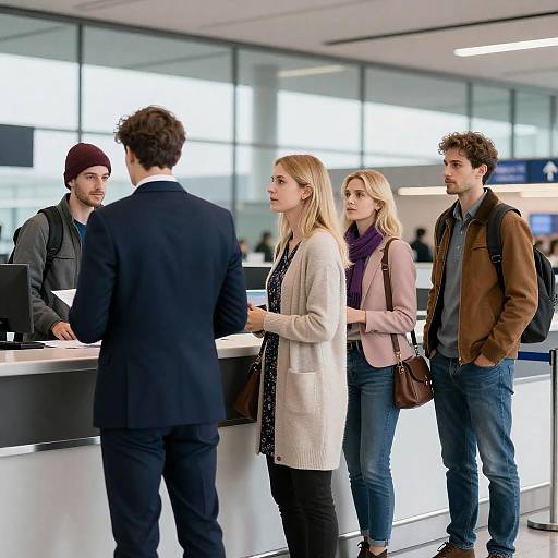 Travelers Interacting at Airport Check-In
