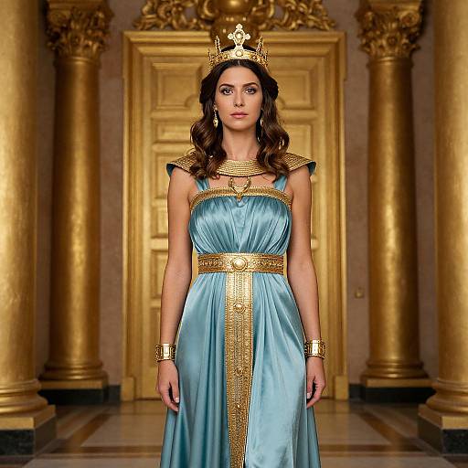 Photograph of a dark-haired woman in a regal, blue satin gown with gold trim, crowned, and adorned with gold jewelry, standing in a