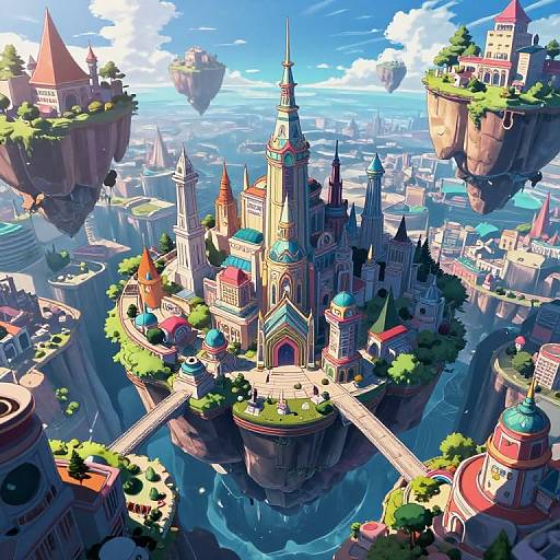Vibrant, detailed digital artwork of a fantastical floating castle city with colorful spires, greenery, and bridges connecting to surrounding floating islands under
