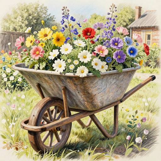 Hyperrealistic Wooden Wheelbarrow with Flowers