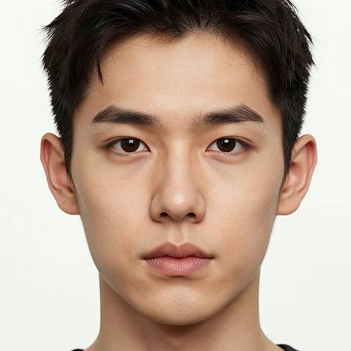 Close-up photograph of a young Asian man with short black hair, fair skin, and neutral expression against a plain white background.
