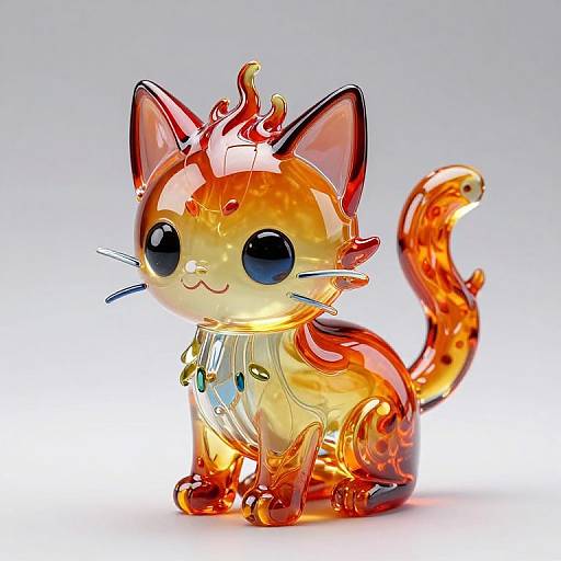 Glowing, glass cat figurine with large black eyes, orange and yellow hues, flame-like ears, and a playful expression, set against a