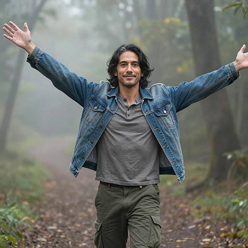 Photograph of a smiling, medium-built man with wavy black hair, wearing a denim jacket, gray shirt, and green pants, arms outst