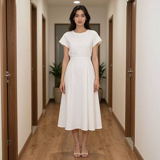 Photograph of an Asian woman with medium skin tone and dark wavy hair, wearing a white short-sleeved knee-length dress and gold sandals,