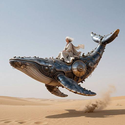 Photorealistic CGI of a white-robed man riding a metallic, whale-like airship over a desert, with sand flying behind. Bright blue sky
