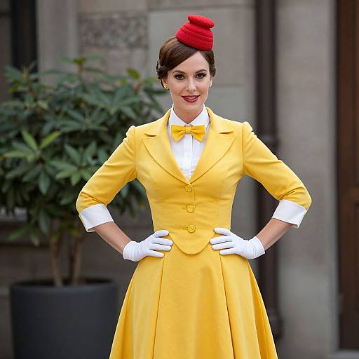 Photograph of a smiling woman in a bright yellow 1950s-style dress, white gloves, yellow bow tie, red hat, standing outdoors.