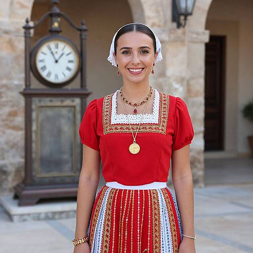 Photograph of a smiling young woman in traditional Spanish dress, red blouse, white lace trim, red and white striped skirt, gold jewelry, white head
