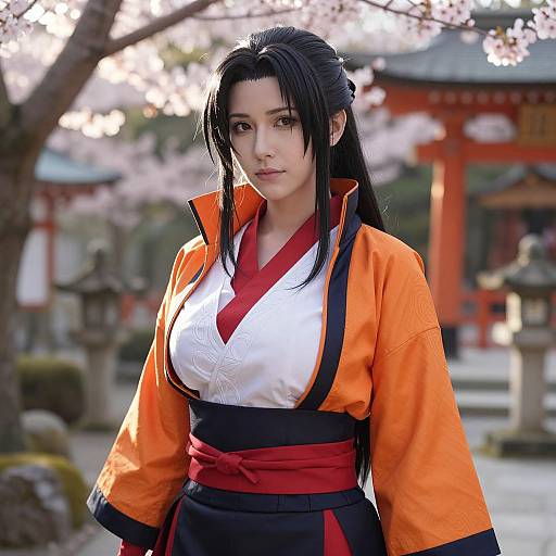 Digital artwork of a beautiful Asian woman with long black hair, wearing an orange and white kimono with a red obi, standing in a cherry blossom